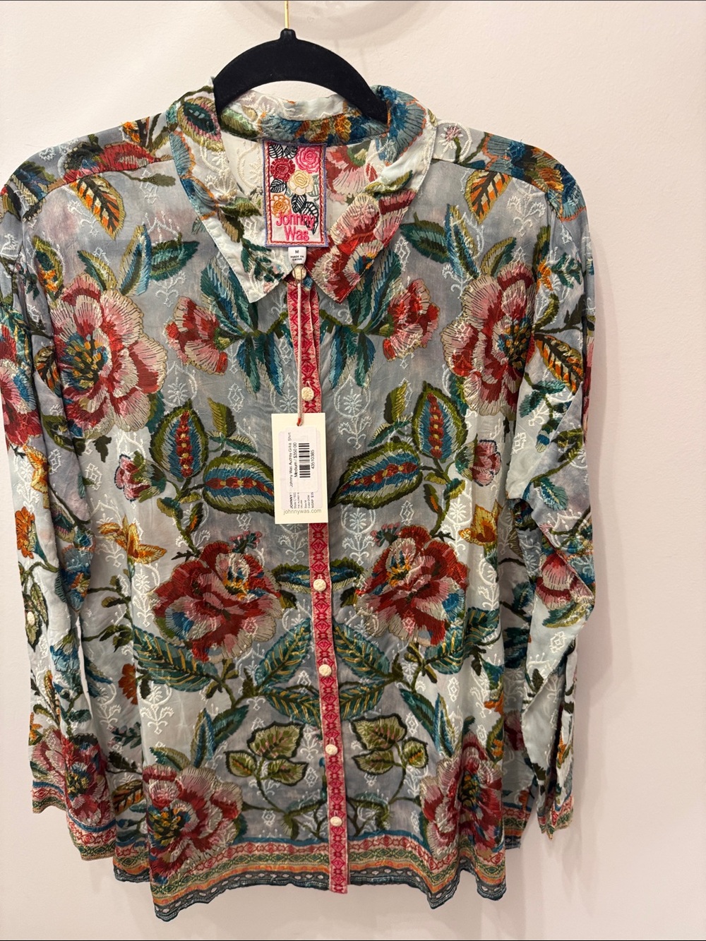 Johnny Was Sheer Floral Button-Down Blouse in Blue and Red